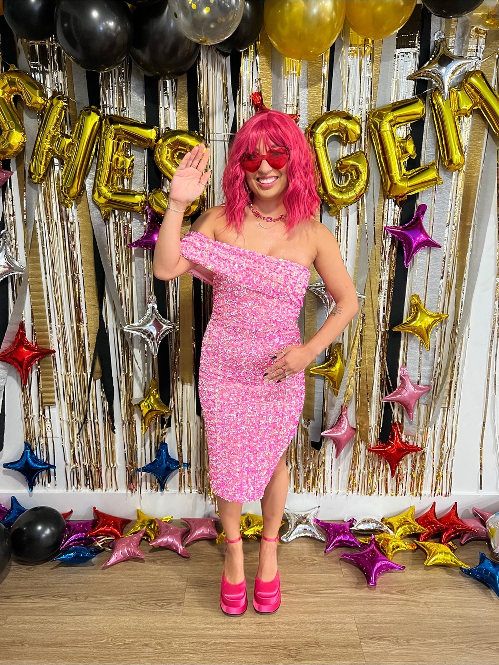 Barbie Vibes One-Shoulder Pink Sequin Dress - Picture 9 of 9